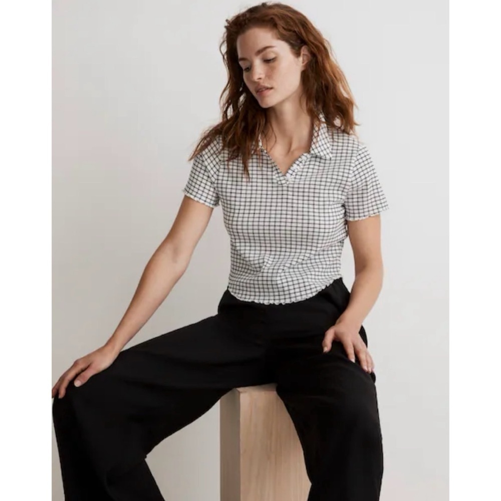 Madewell Top Crinkle Polo Crop Tee Textural Collared Lighthouse Sz S